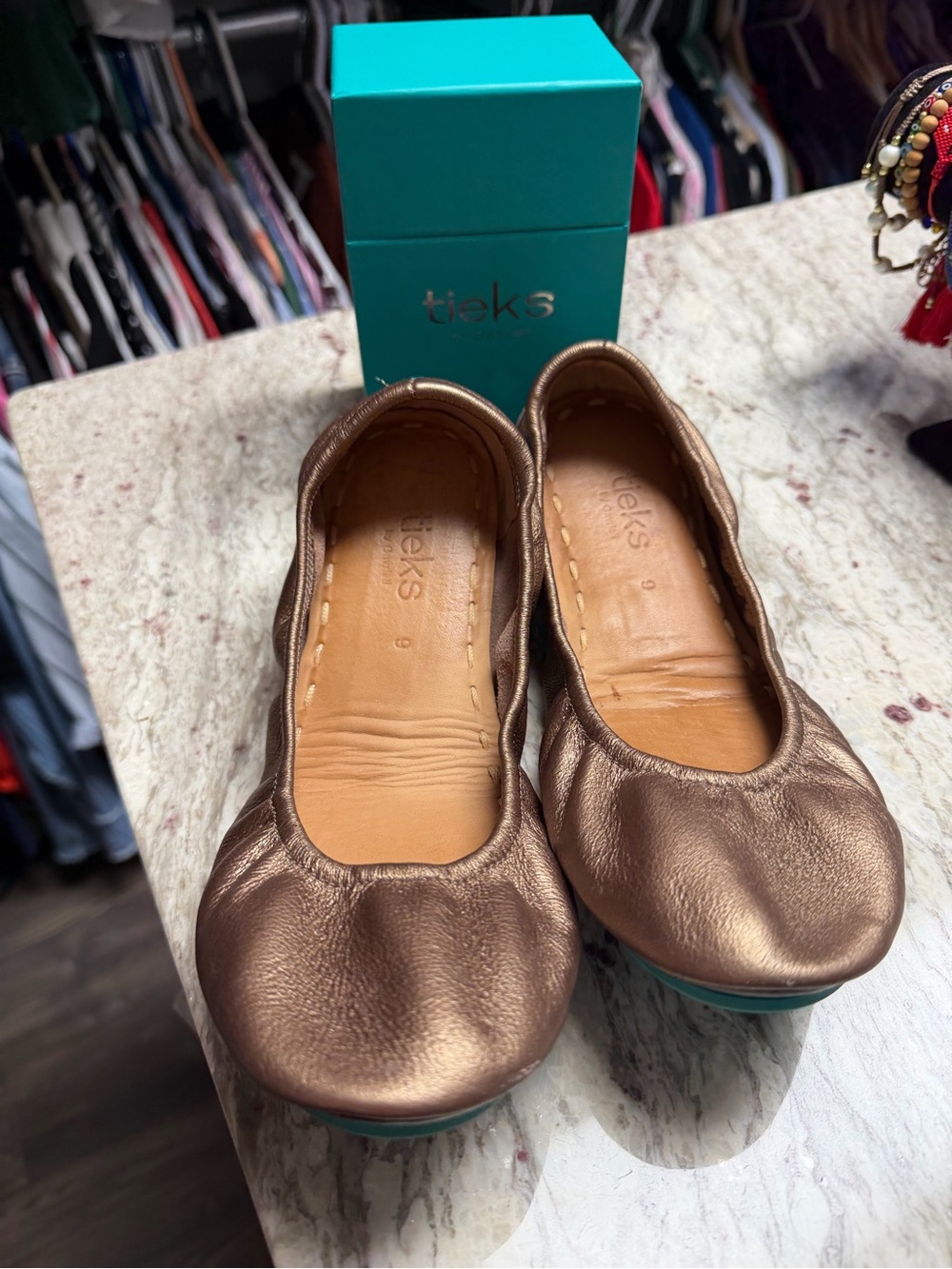 Tieks Bronze Metallic Leather Ballet Flats with Teal Soles